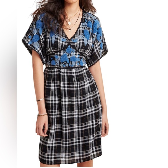 Anthropologie NEW Sarah Plaid Embroidered Mini Dress - Picture 1 of 7